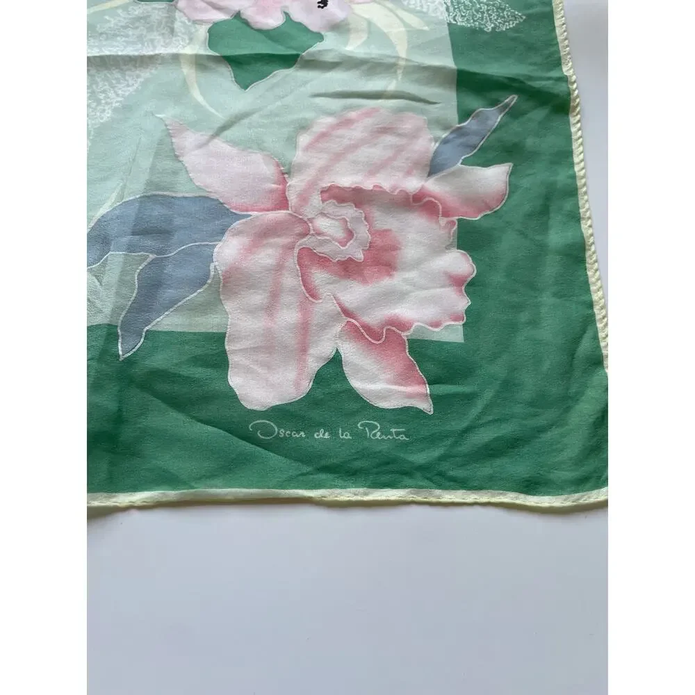 Vintage Oscar de la Renta Green and Pink Floral Silk Scarf 33" Square - Picture 2 of 6